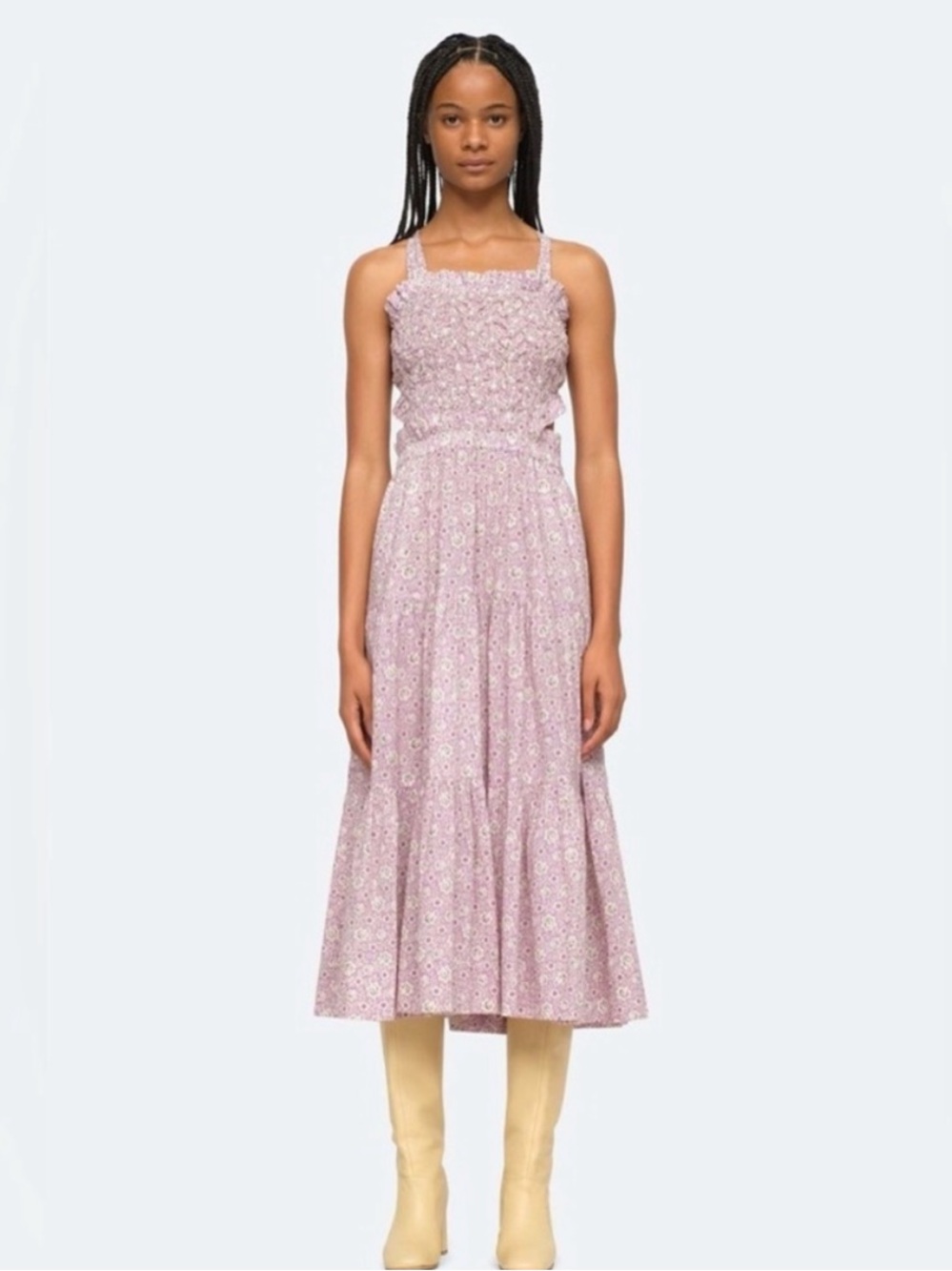 SEA NEW YORK Lilac Floral Smocked Ida Apron Midi Dress